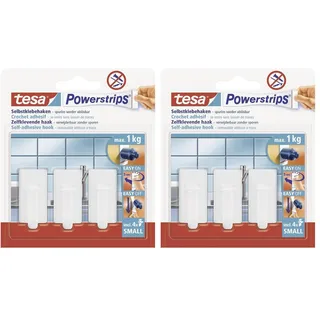 tesa Powerstrips Haken Small CLASSIC - Selbstklebender Wandhaken für Glas, Kacheln, Holz, Kunststoff und andere Untergründe - Weiß (Packung mit 2)