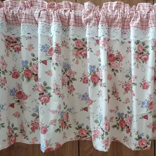 A.Monamour Gardine Scheibengardinen Kurzstores Baumwolle Bauernhaus Vintage Floral Rote Rosen Kurzvorhang Kurzgardinen Küchengardine Volants Küche Fenster Cafe Kurz Vorhang Bistrogardine