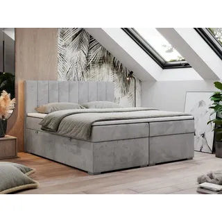 MKS Meble Boxspringbett 200x200, Bett 200x200 mit Matratze und Topper, Boxspringbett mit Bettkästen, Doppelbett - LOPE - 200x200 - Hellgrau - Velvet - H3 - Hellgrau