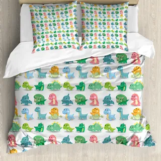 ABAKUHAUS Jurassic Bettbezug, Dinosaurier Wild Beast, Milbensicher Allergiker geeignet mit Kissenbezügen, 155 cm x 220 cm - 80 x 80 cm, Grün Türkis Marigold - Grün