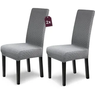Scheffler Home Stuhlhussen Emil Grau 2er Set Elastische Stuhlbezüge mit edlem Schachbrett-Design in 3D-Struktur – Waschbare Stuhlabdeckungen für Schwingstühle & Esszimmerstühle – Öko-Tex zertifiziert