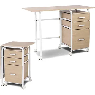 COSTWAY Klappbarer Computertisch mit 3 Schubladen und Rollen, Schreibtisch mit Metallrahmen, platzsparender Bürotisch, Klappschreibtisch für kleine Räume, 105 x 50 x 75 cm (Natur) - Naturbelassen, Weiß