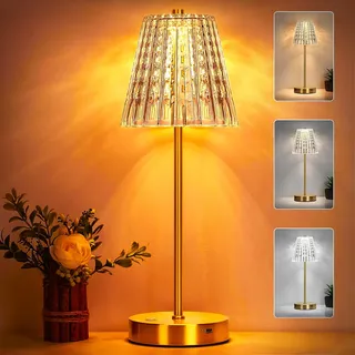 Lixada Kristall Tischlampe Kabellos, Vintage Tischleuchte mit 3 Farben, LED Touch Lampe, Akku Betrieben, Dimmbar, Ideal für Wohnzimmer Schlafzimmer Garten Gaststätte Bar (Gold)