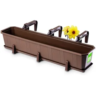KADAX Blumenkasten 80 cm mit Halterungen, Braun – Pflanzkasten mit Untersetzer, rechteckiger Blumentopf aus Kunststoff, Pflanzgefäß für Innen- und Außenbereiche, Balkon und Terrasse
