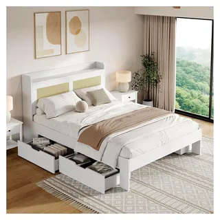 Bettgestell mit Rattan-Kopfteil, Funktionsbett mit Lattenrost, Doppelbett mit Stauraum, Weiß 140x200cm Holzwerkstoff, ohne Matratze - Weiß