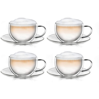 Creano Thermo-Tasse doppelwandige Tee-/Latte Macchiato Cappuccino Tasse mit Untersetzer 250ml, 4er Set