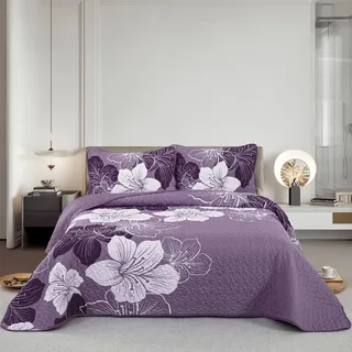 DJY 3-teiliges Bettwäsche-Set für King-Size-Betten, dunkelviolettes Blumenmuster, Elegante Boho-Tagesdecke mit 2 Kissenbezügen, weiche Mikrofaser, botanisches Bettwäsche-Set, für Teenager und