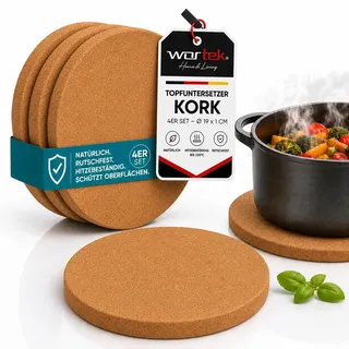 wortek Topfuntersetzer Kork Topf Rund – 4er Set Korkuntersetzer rund, 19cm Durchmesser - Raclette Untersetzer Topfuntersetzer hitzebeständig Untersetzer Topf Kork