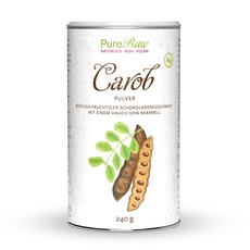 Carob-Pulver Bio Vegan - Carobpulver Kakao Alternative für Trinkschokolade ohne Zucker Koffeinfrei - Natürliche Süße, Ballaststoffreich, Mineralien - Johannisbrotbaum-Frucht Karob | PureRaw 240g