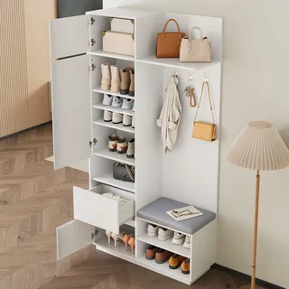 okwish Garderobenset Flurschrank mit Schuhbank und Schuhschrank,Flurgarderobe Kompaktgarderobe mit Spiegel und Kleiderhaken,Weiß - Weiß