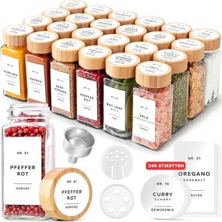 EDELHAUS Gewürzgläser Eckig Set mit Bambusdeckel (24 x 120ml) Gewürzstreuer mit Streueinsatz und 240 Etiketten Weiß - Holzdeckel Gewürzbehälter, Gewürzdosen, Gewürze organizer [11cm x 4,5cm]
