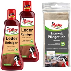 POLIBOY Leder Reiniger - Lederpflegemittel zur Reinigung von Glattleder & Rauleder - Ohne Nachspülen - 2x 200ml - Mit Baumwolltuch - Made in Germany