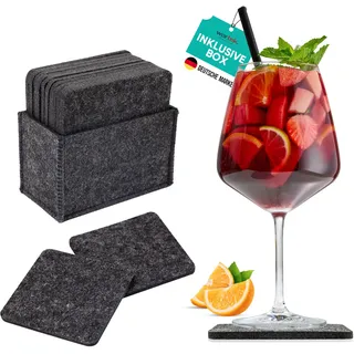 wortek Filzuntersetzer eckig für Gläser – 10er Set mit Aufbewahrungsbox, Glasuntersetzer für Getränke, Tassen, Bar, Glas - Ø 10cm Tischuntersetzer Untersetzer Gläser Schwarz