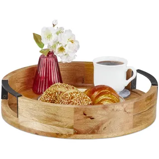 Relaxdays Tablett Natur Schwarz rund Mangoholz Eisen 35 cm , Hellbraun , Holz, Metall , 7.5 cm , Dekoration, Dekoartikel, Dekoteller & -tabletts