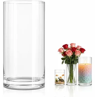 Yuragim Glas Blumenvase Modern Zylinder Vasen, Große Zylindrische Glasvase H.30cmxD.15cm Glasvasen Rund Vase Glas Kerzenhalter Glaszylinder mit Boden für Tischdeko Hochzeiten Party Geburtstagsgeschenk