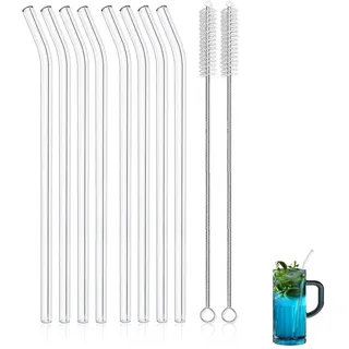 8Pcs wiederverwendbare Glashalme, klare gebogene Trinkhalme für Smoothie Milkshake Cocktail kalte Getränke