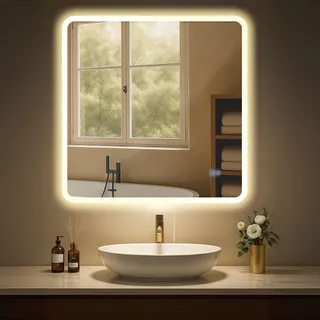 CLP Badspiegel Jericho mit Beleuchtung, Anti-Beschlag Badezimmerspiegel, Wandspiegel mit LED-Licht, dimmbar, 3 Licht-Modi, Größe:80x80 cm