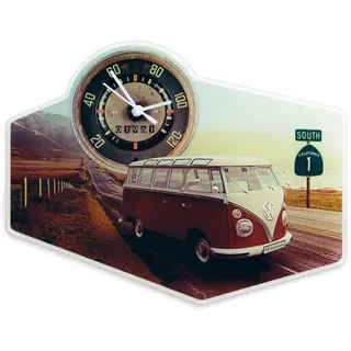 BRISA VW Collection - T1 Bulli Bus Wanduhr aus Acrylglas | Volkswagen Uhr Uhrwerk Zeitanzeiger Zeitmesser, Analog Geschenk Retro Fanartikel, Acrylglas, Highway/Bunt