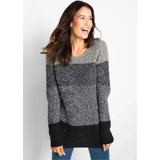 Strickpullover BONPRIX, Damen, Gr. 40/42 (M), grau (anthrazit meliert gestreift), Strick, Obermaterial: 50% Baumwolle, 50% Polyacryl, gestreift, mehrfarbig, meliert, eng normal, Rundhals, Rippbündchen, Pullover Strickpullover, aus Baumwollmischung, ohne Verschluss, eng anliegende Passform