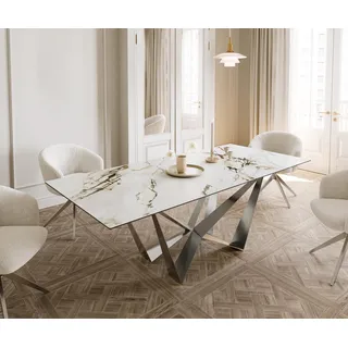 DELIFE Esstisch Edge 180-220x100 Keramik Calacatta Luxe Weiß-Gold-Grau Spider Flachstahl Edelstahl ausziehbar - Weiß, Gold, Grau, Silber