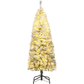 COSTWAY 150 cm Künstlicher Weihnachtsbaum mit Beleuchtung und Schnee, Bleistift Tannenbaum mit 180 warmweißen LED-Lichtern & 8 Lichtmodi, Christbaum schmal, Kunstbaum Weihnachten für Zuhause & Büro