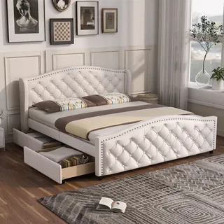MODFU Polsterbetten 160 x 200 cm Doppelbett Jugendbett Gästebett Bettgestell mit 2 Schubladen(ohne Matratze), Weiß - Weiß
