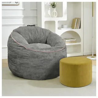 STILVORA Sitzsack-Sessel ergonomisch mit gebogener Form und Ablagetasche, Loungesessel mit passendem zylindrischem Hocker, Wohnzimmersessel für modernen Wohnkomfort - Grau