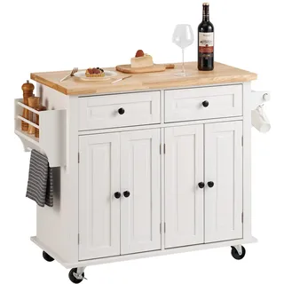 Vevor Servierwagen Küchenwagen 1100 x 450 x 825 mm, 136 kg Belastbar Kücheninsel Küchenschrank, Rollwagen Küchentrolley mit Handtuchhalter & 2 Schubladen, Mikrowellenschrank Küchenrollwagen Massivholz