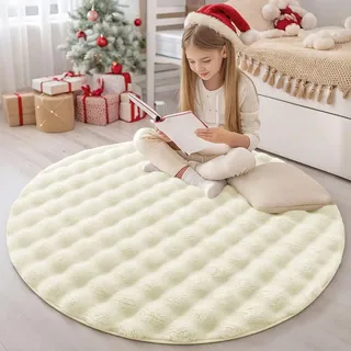 Homaxy Hochflor Teppich mit 3D Bubble Muster Weich Flauschig Teppiche, Waschbar Antirutsch Klein Teppich für Wohnzimmer, Kinderzimmer, Schlafzimmer - 120 cm Rund, Creme