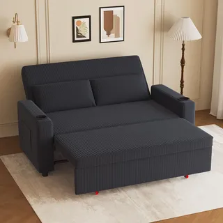 JUMMICO Schlafsofa 2 Sitzer klein Sofa mit Schlaffunktion Schlafcouch Ausziehbar mit Kissen Couch Cord-Bezug mit Getränkehalter Klappsofa Für Wohnzimmer Schlafzimmer,75 x 160 x 93 cm,Blauschwarz