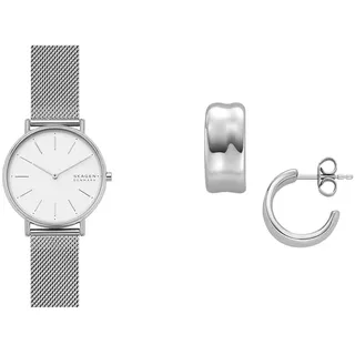 Skagen Damen Signatur Silberfarbene Edelstahl Uhr und Anja Pebbles Ohrringe, Set