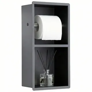 OUGOO Einbau Toilettenpapierhalter Edelstahl, Zweistöckiger Unterputz-Klopapierhalter mit Papierrollenhalter und Staufach, WC Badezimmerschrank, Schwarz