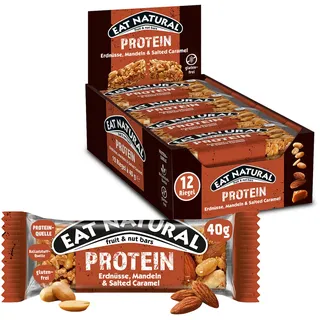 Eat Natural Frucht- & Nussriegel - Protein Erdnüsse, Mandeln & Salzkaramell - Proteinquelle, glutenfreier Snack - Perfekt für unterwegs. - 12x40 g