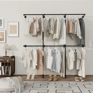 YheenLf Kleiderstange Wandmontage 300 kg Traglast - Offener Kleiderschrank oder Kleiderständer industrial gold aus Metall Wasserrohren Drei Spalten,180x180cm