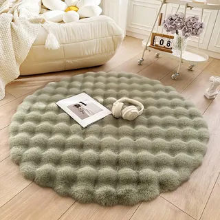Tospass Hochflor Teppich Rund Wohnzimmer Langflor Flauschig Shaggy Kunstfell Fell Waschbar für Schlafzimmer Bettvorleger Grün Moderne Rutschfester Teppiche, 60 cm Rund