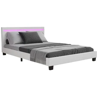 Juskys Polsterbett Paris weiß 140x200cm mit Matratze und LED (16 Farben) , Weiß , Textil , 140x200 cm , Schlafzimmer, Betten, Polsterbetten