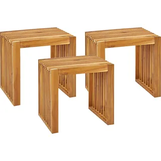 BELIANI Gartenhocker 3er Set Hellbraun Akazienholz Latten-Optik Garten Outdoor Balkon Terrasse Ausstattung Möbel Holzstuhl Gartenstuhl ohne Lehne - Braun