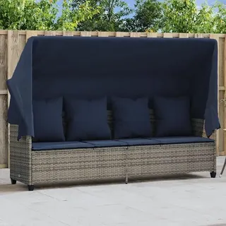 Sonnenliege Gartenliege mit Sonnendach und Kissen Grau, PE Poly Rattan Liegestuhl, verstellbar mit ausziehbarem Dach, für Balkon Terrasse Garten Relax - Grau