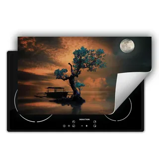 DarHaus Herdabdeckplatte Einteilig Glaskeramikkochfeld Abdeckplatte Induktionsschutz Küche Deko Vinyl Matte Aufrollbar 90x52 cm, Baum