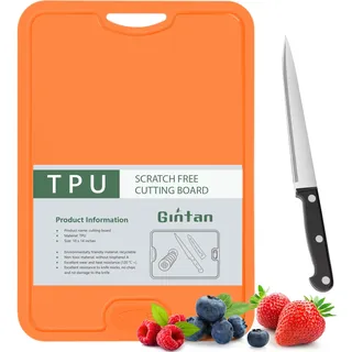 Gintan Flexibles TPU Schneidebrett, BPA-frei, mit Messer- und Saftrille, kratzfeste flexible Schneidebretter für die Küche, spülmaschinenfest, griffiger Griff, rutschfest (Orange)
