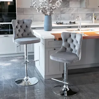 Set mit 2 drehbaren Samt-Barhockern, höhenverstellbar(63,5 bis 83,8 cm),Chrombasis,Barhocker mit Rückenlehne für Hausbar und Kücheninsel,Grau - Grau
