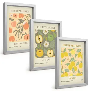 Tulup Bilder SET 3er Set - 20x30 cm Silberner Rahmen - Retro-Poster mit Fruchtmustern , Silberfarben , Kunststoff , Rechteckig , 20x30 cm , gerahmt , Bilder & Rahmen, Bilder
