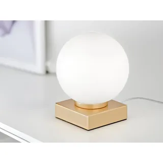 Kleine LED Tischleuchte Gold mit Glaskugel in Opalweiß - Retro Nachttischlampe