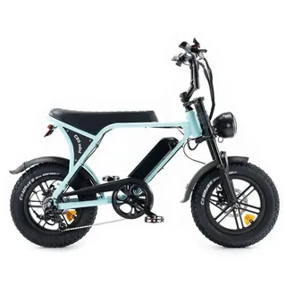 OUXI C80 Mini Elektrisches Fatbike – Alarmanlage – Fußstützen – 16 Zoll – 250W Motor – 7 Gänge – 50 km Reichweite – Mechanische Bremsen – Hellblau - Blau