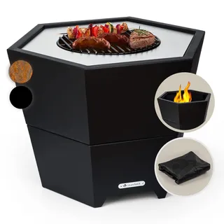 Blumfeldt Feuerschale mit Grillrost, Outdoor Stahl-Feuerschale Groß für Balkon & Camping, Mobile Feuerschale 60 cm, mit Standfuß, Wetterfeste