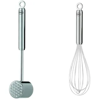 RÖSLE Fleischhammer, hochwertiger Hammer zum Klopfen von Fleisch, Edelstahl 18/10, hochglänzend/matt & Schneebesen, hochwertiger Rührbesen mit schmalem Griff, Edelstahl 18/10, Länge 27 cm