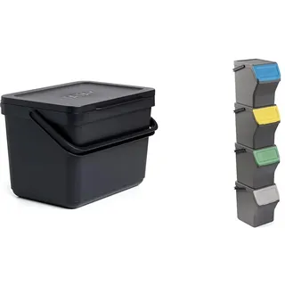 TATAY Mülltrennsystem Küche | 1 Biomülleimer Smart 6L Schwarz ohne Halterung + 4 Easy Waste Recycling Behälter 20L Grau | Kompakt & Modular | Aus Recyceltem Material