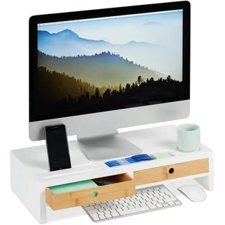 Relaxdays Monitorständer, 2 Schubladen, PC Erhöhung für Schreibtisch, Bambus & MDF, HBT: 12 x 55,5 x 27 cm, weiß/Natur, Bambus + MDF L