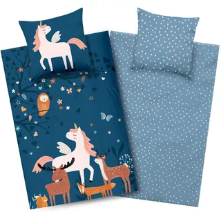 Aminata kids Bettwäsche Mädchen Einhorn 135 x 200 mit YKK Reißverschluss - Kinder-Bettwäsche-Wende-Set | Einhorn-Tier-Motiv | Pferd Unicorn Regenbogen Waldtiere