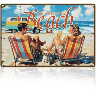 DOODLREAM Metallschild Sommer Strandurlaube Für Paare Retro Wanddekoration 20 x 30cm Life Is Better At The Beach Vintage Wandkunst Poster Meer Zuhause Kaffeezimmer Clubs Badezimmer Dekoration
